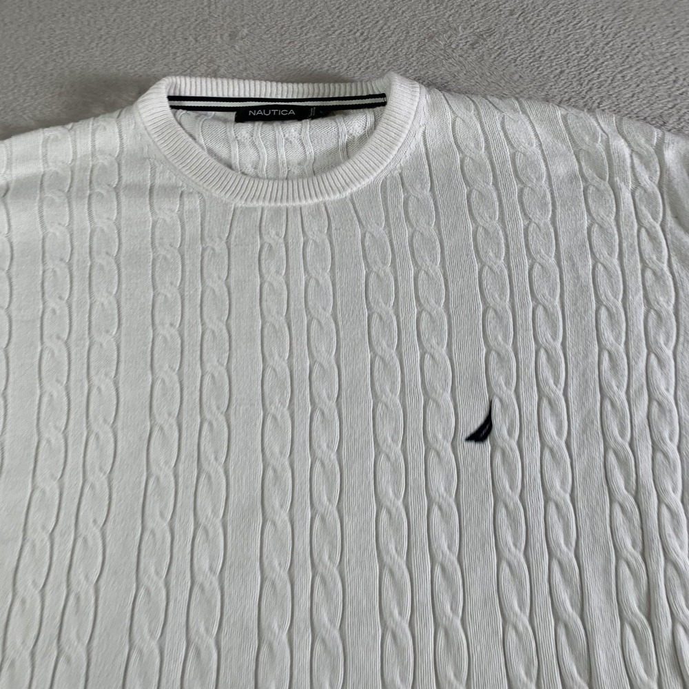 Nautica Sweater Mens Large White Cable Knit Crewneck Cotton Pullover Casual‎ - Picture 2 of 10